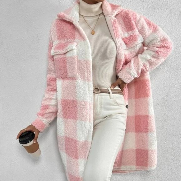 Plaid Flap Pocket cozy comfy Teddy Coat Shacket Pink - Picture 5 of 7
